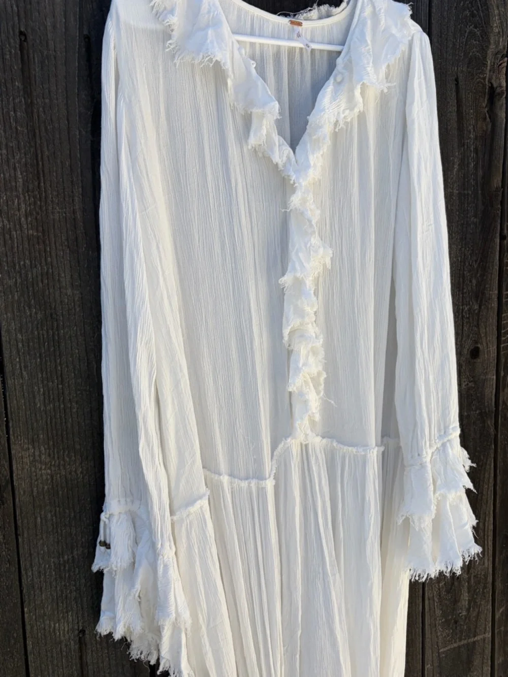 Free People White Boho Maxi Dress Medium Long Sleeve Ruffle Raw Hem Festival - Picture 3 of 10